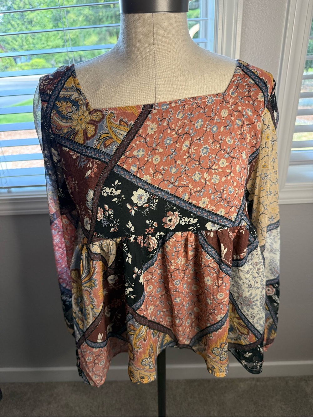 American Eagle Outfitters Rust, Black & Yellow Patchwork Peasant Top
